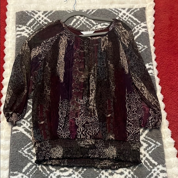 Christopher & Banks Tops - Women’s Sheer Patterned Blouse - Burgundy/Black